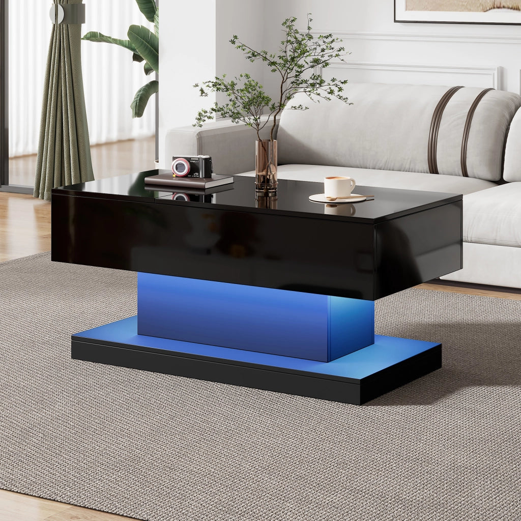 Tavolino da caffè con piano alzabile; vano contenitore e LED - per soggiorno - in truciolare - 100x50x45 cm - nero