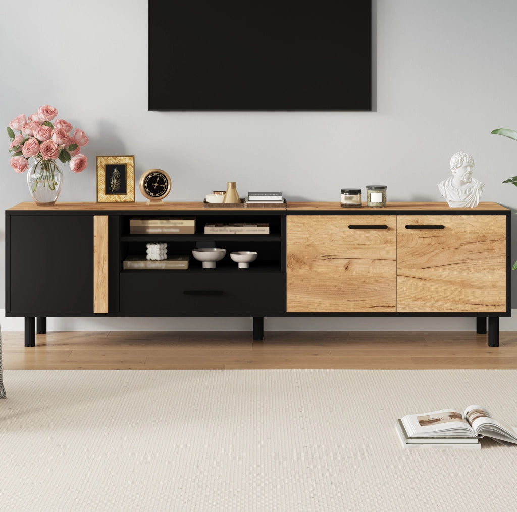 Mobile TV 180x32.5x50 cm con 3 ante; 1 cassetto e ripiano semichiuso in truciolare nero e naturale