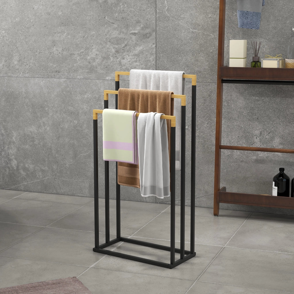 Portasciugamani a Terra con 3 Barre ¨C Xylo ¨C Bamb¨´ e Acciaio Nero 45x22,5x86 cm