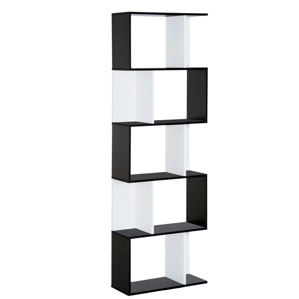 Mobile Libreria in Legno a 5 Ripiani con Divisorio. 60x24x184.5 cm. Bianco e Nero