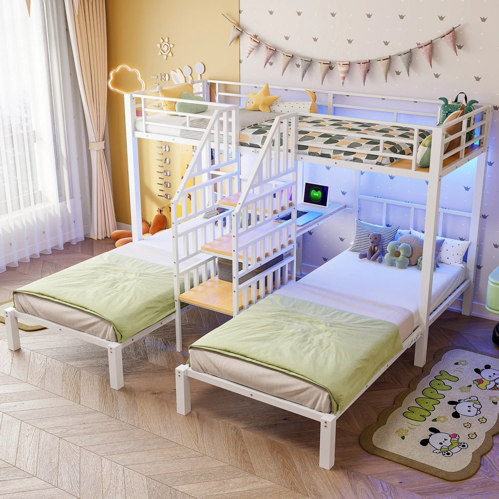 Letto a castello 90 x 200 cm con LED, scrivania, ripiani, porte USB e presa, bianco