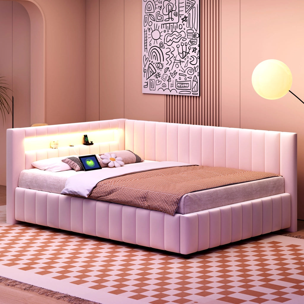 LETTO imbottito L 140x200 cm in velluto beige con LED e USB