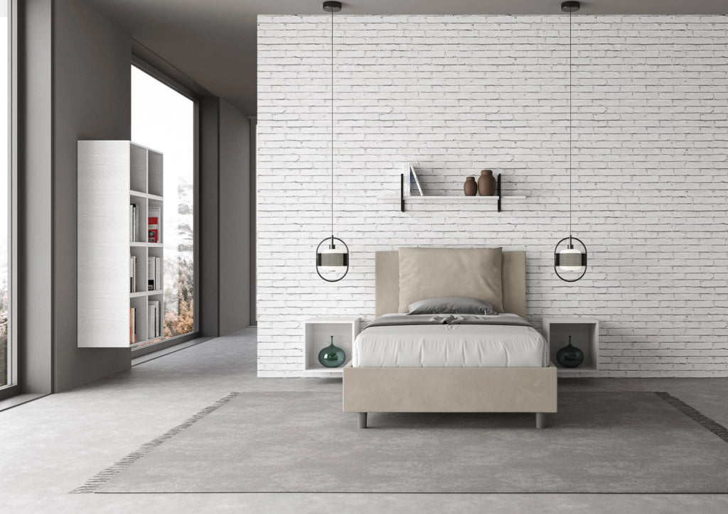 BS COM Letto una piazza e mezza con rete imbottito 110x200 microfibra sabbia