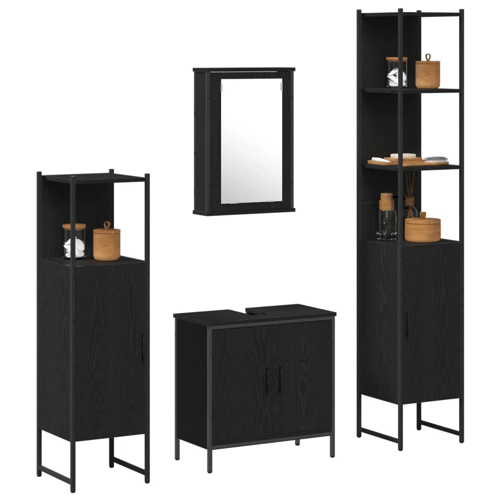 Set di mobili per il Bagno | Armadio da bagno 4 pz Nero Legno multistrato