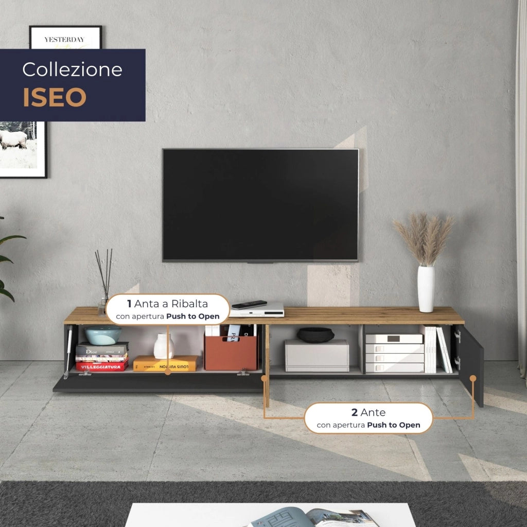 WHOUS Mobile porta TV sospeso Iseo con 2 ante e 1 ribalta antracite opaco e rovere 200x35x30 cm
