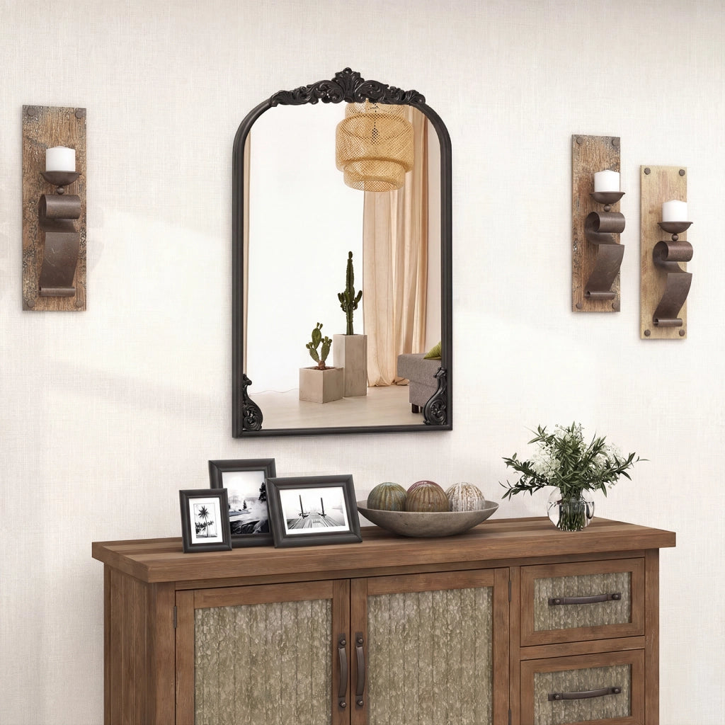 Specchio da parete ad arco barocco ornato con cornice in metallo, Specchio da parete 90 x 61 cm Nero
