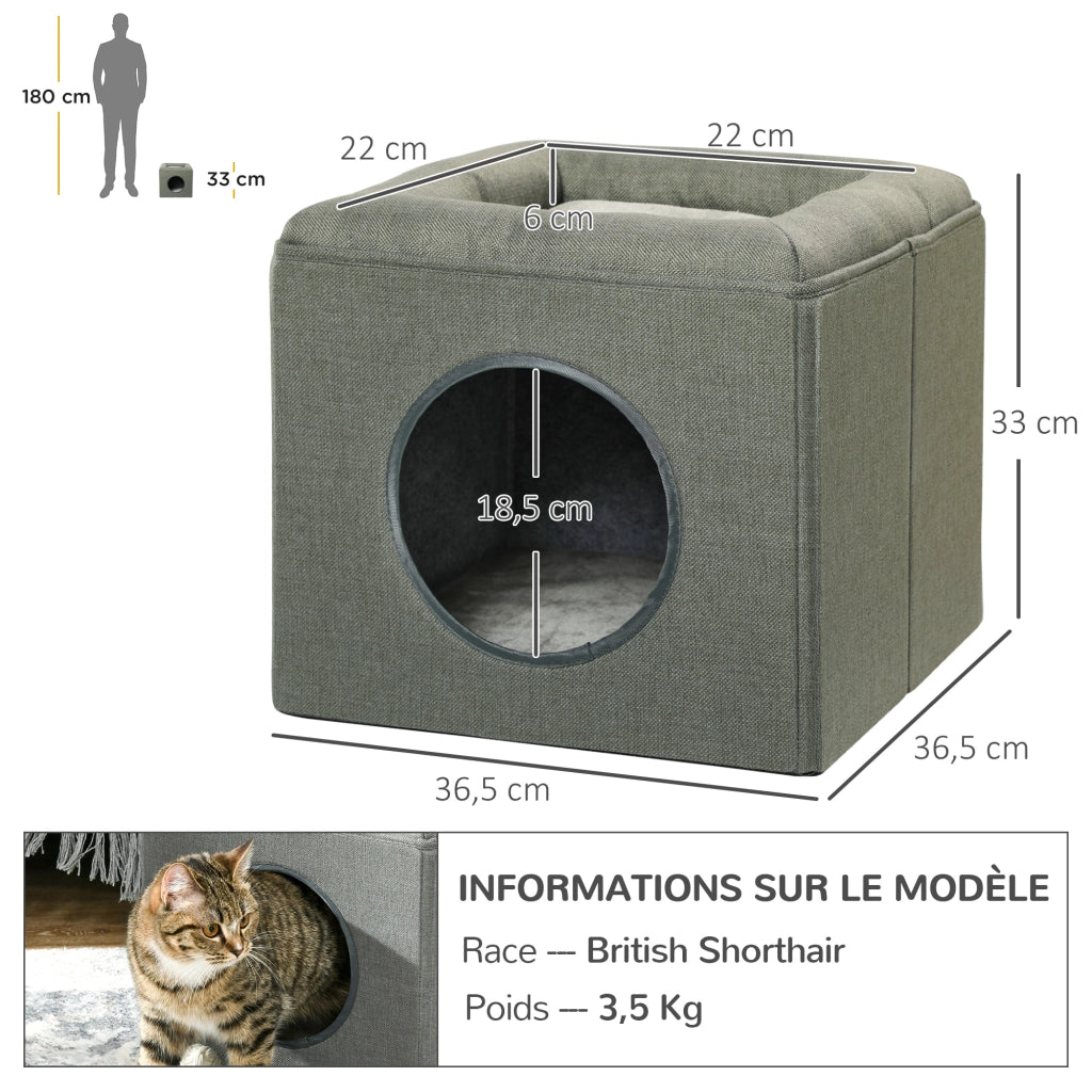 Casa per gatti a 2 livelli con cuscino morbido in peluche ¨C Xylo ¨C grigio 36,5x36,5x33cm