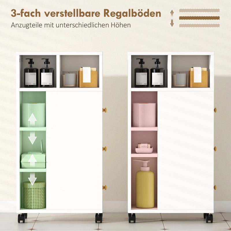 Mobiletto da bagno stretto, con 4 ruote, 3 cassetti, 5 vani a giorno, 20x40x80 cm, bianco.