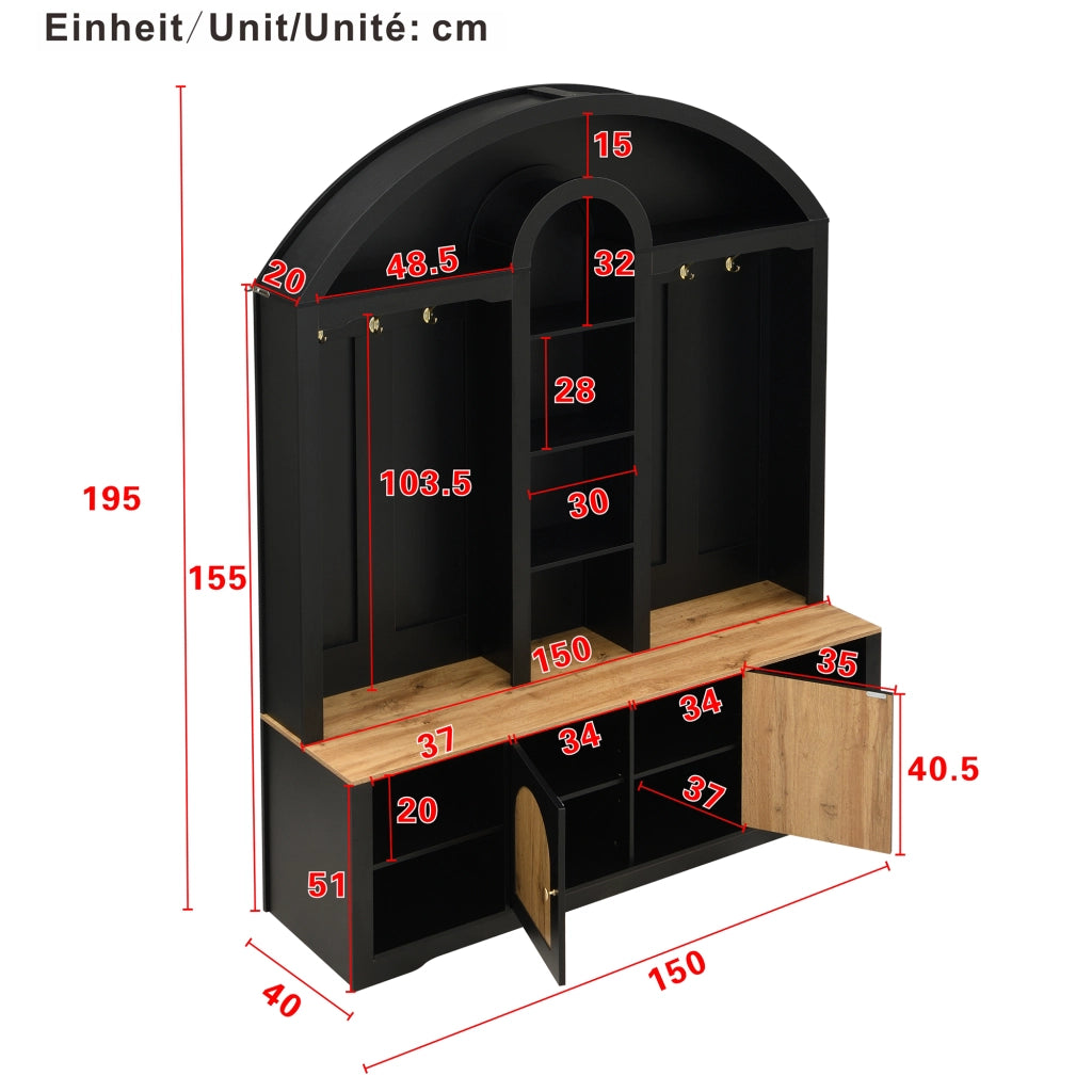 ARMADIO INGRESSO 150x40x195 cm MDF Nero con ripiani e ganci
