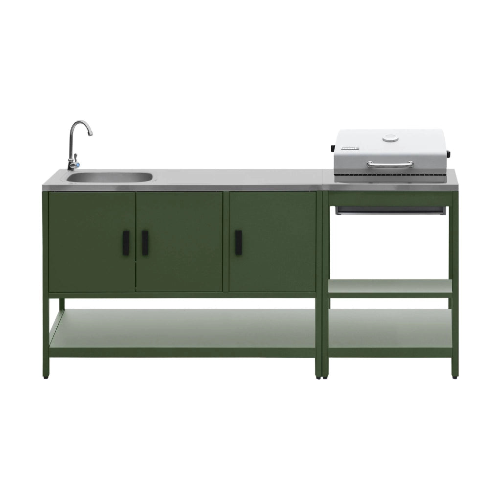 Cucina esterna, 2 moduli e barbecue a carbone con lavandino, verde