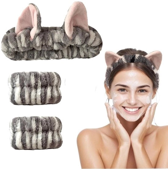 Cintura Capelluta Elastica - 3 x Cintura Capelluta per Faccia - Borchia a Forma di Gatto - Veloce e Microfibra - Cura della Pelle - Comodo e Carino - Cintura Capelluta