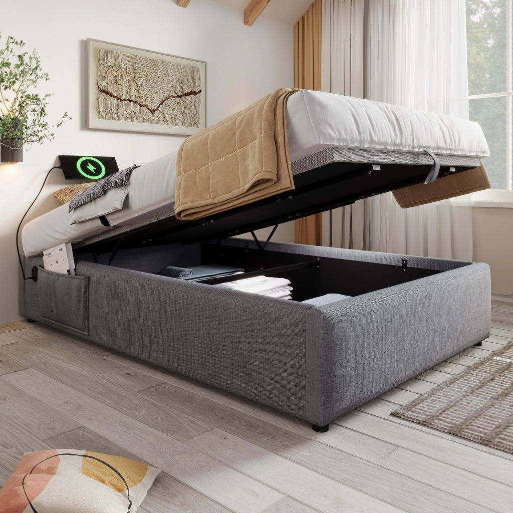 Letto imbottito 90x190 cm con contenitore, USB e Type-C, grigio