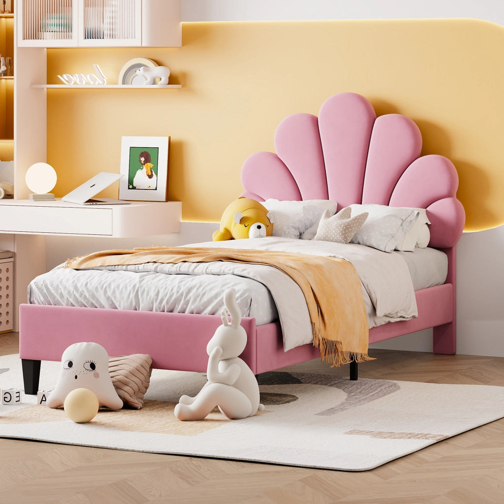 Upholstered Kids Bed;90x200 cm;flower-shaped headboard;velvet;pink