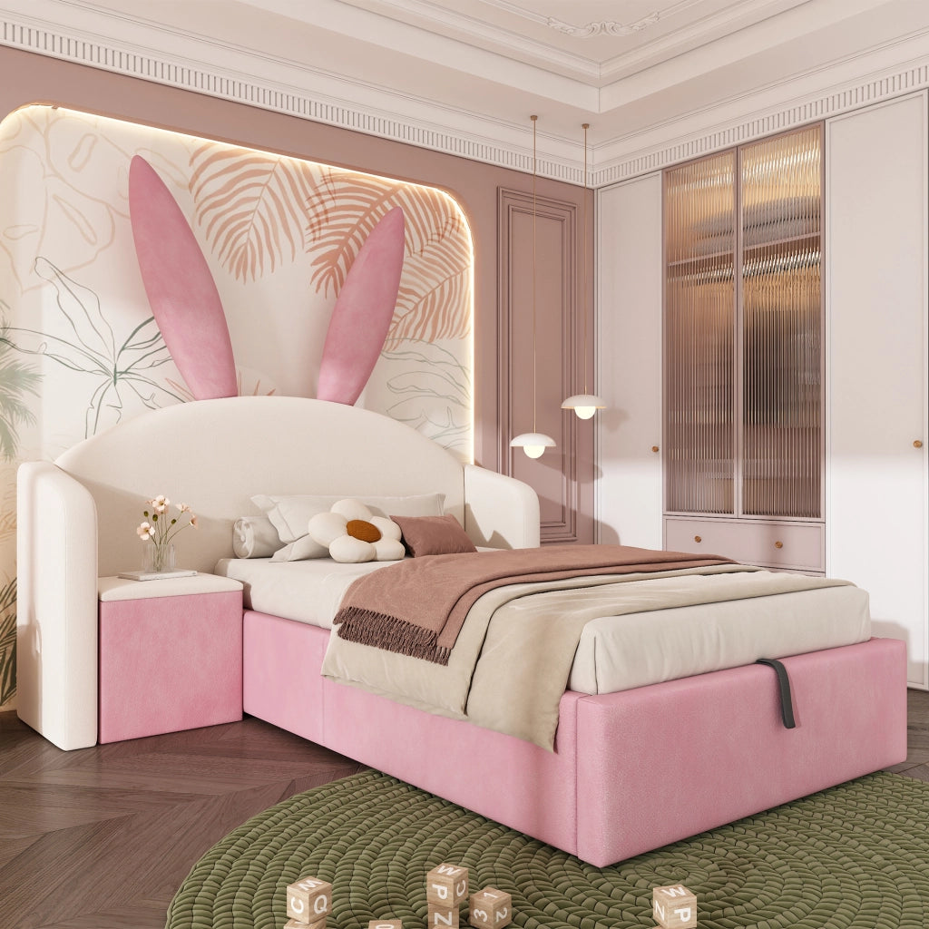 Letto Contenitore per Bambini 90 x 200 cm con Comodino e Orecchie - Beige e Rosa