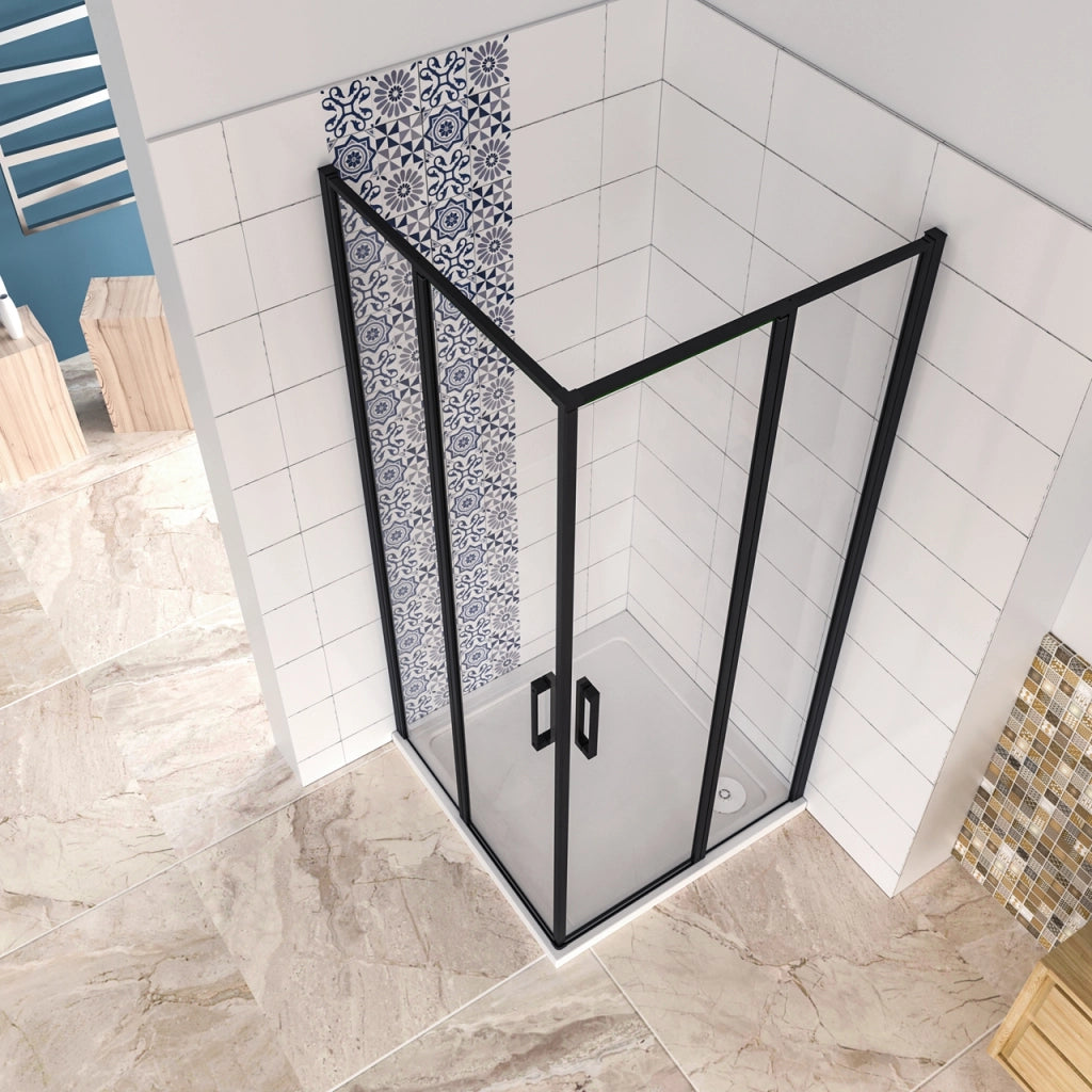 Box Doccia Angolare 120x120 cm H.185 cm Doppia Porta Battente in Vetro Temperato Trasparente Anticalcare 6 mm Profilo Nero Opaco