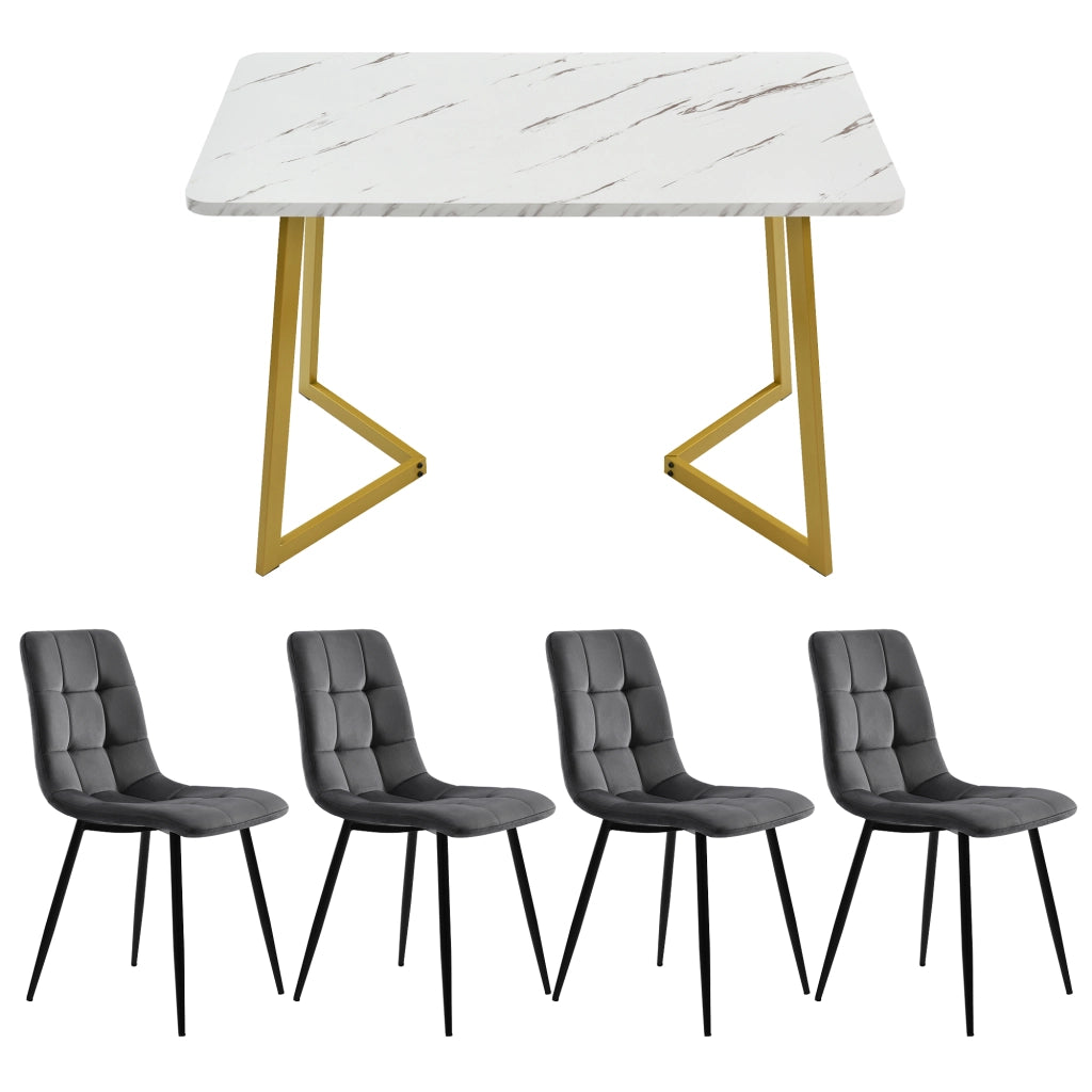 Tavolo da Pranzo Allungabile con 4 Sedie ¨C MINIMAL ¨C Rettangolare, Velluto Grigio Scuro, Gambe Dorate
