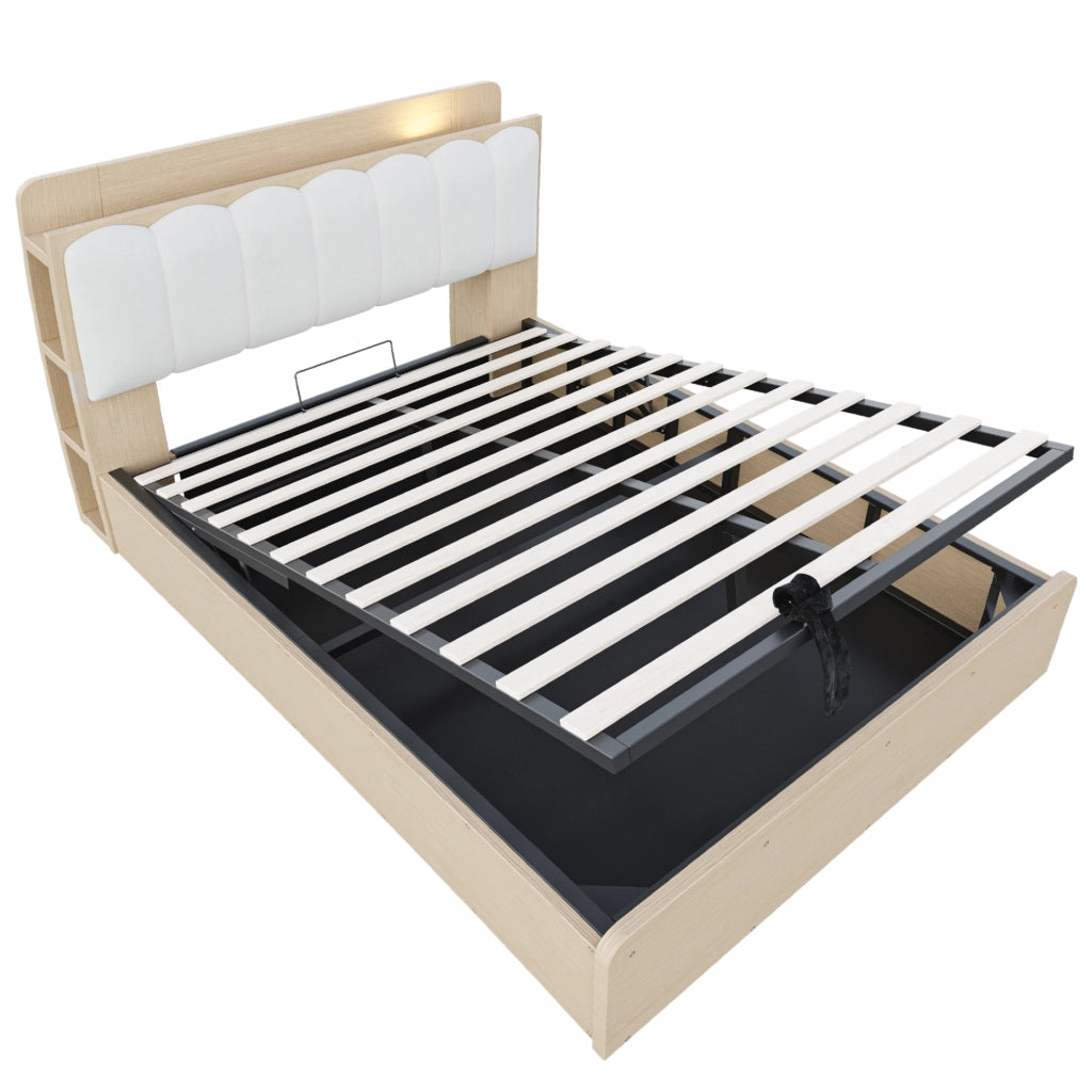 DESMIU Letto contenitore 140 × 200 cm 2 posti con USB, luce e vani, senza materasso, legno naturale