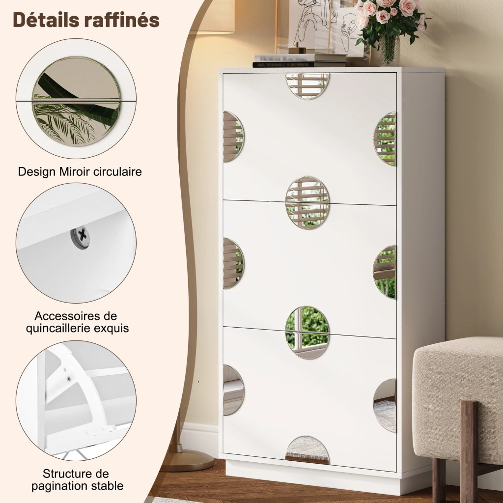 Scarpiera con 3 Ribalte e Specchio Rotondo per Ingresso in MDF 63×24×120 cm Bianca