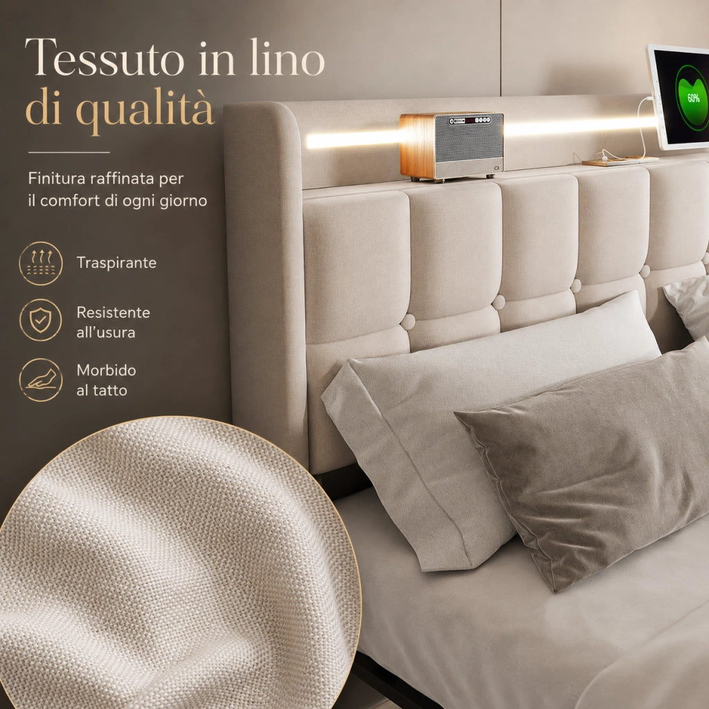 Letto matrimoniale 180x200 cm tessuto lino beige, testiera imbottita con luci RGB‑LED, porte USB, controllo app e telecomando, 4 cassetti contenitori su ruote, doghe in legno