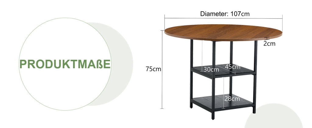 Tavolo da pranzo rotondo con diametro di 107 cm e doppio ripiano effetto noce, piano in MDF + struttura in metallo, adatto per 2-4 persone, perfetto p