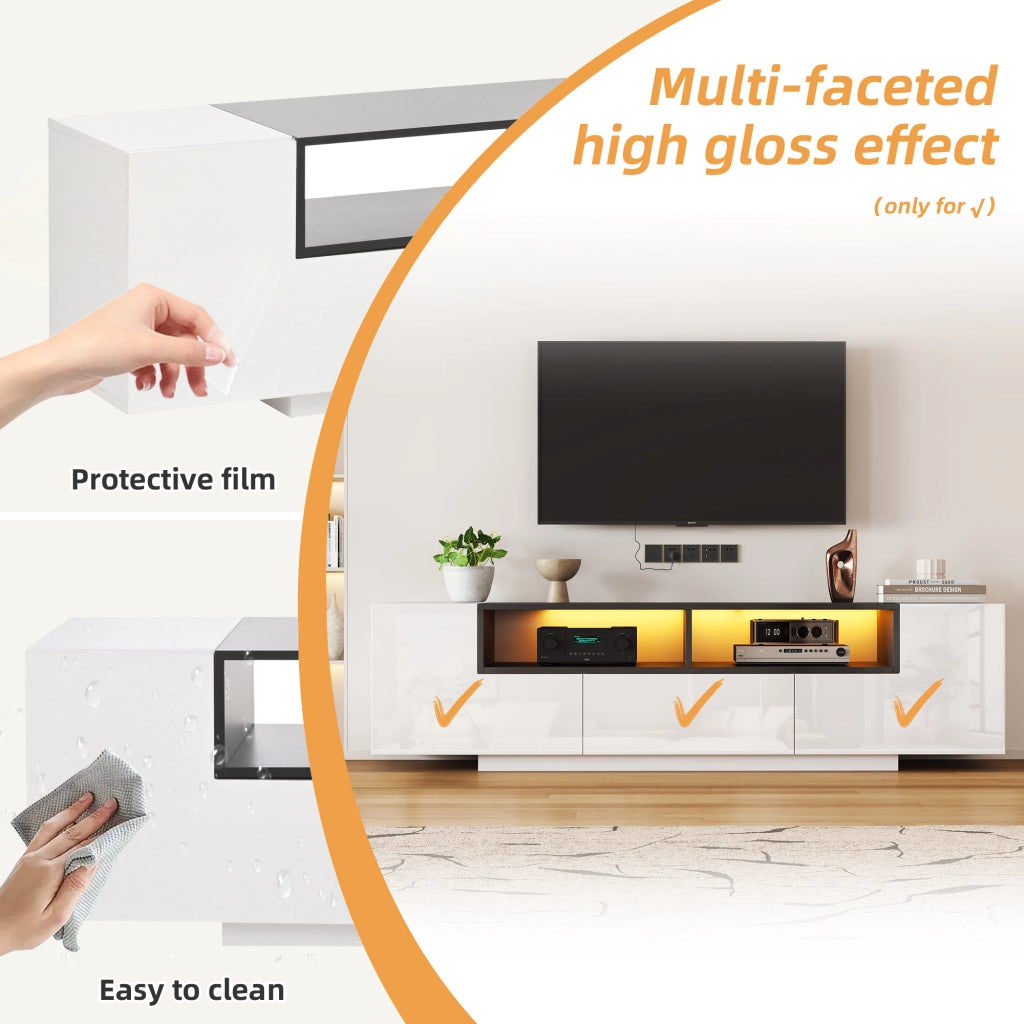 Mobile TV con 2 vani a L; 1 cassetto e LED per soggiorno; in truciolare; bianco; 180×40×48 cm