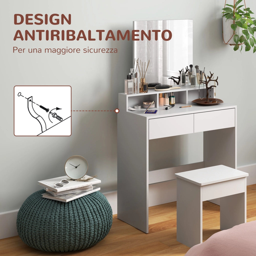 Consolle Trucco con Specchio Cassetti e Ripiani 75x38x135 cm Bianco