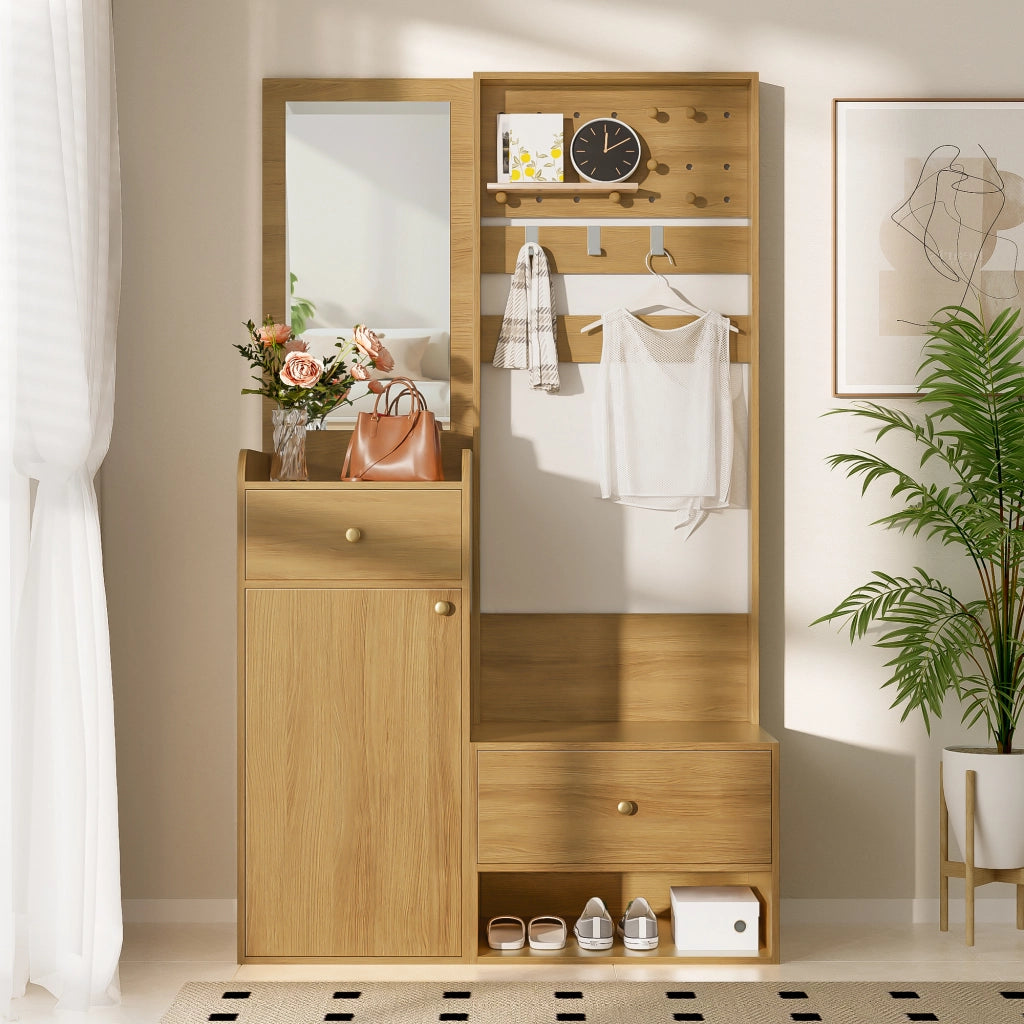 OKWISH Mobile da Ingresso con Specchio, 2 Cassetti, 1 Armadietto, Ripiani Aperti e Ganci Regolabili, Legno, 105 x 38 x 180 cm