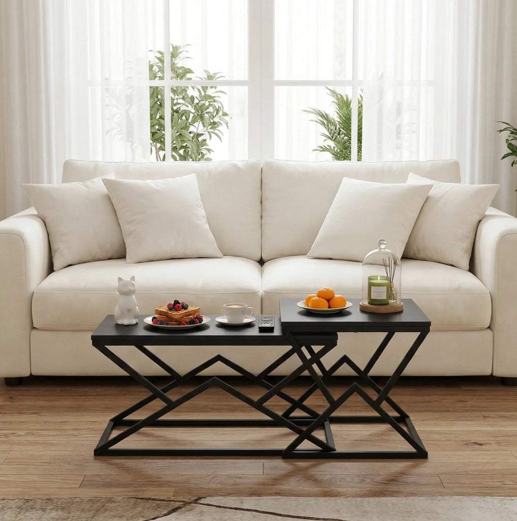 Tavolino da caffè 80x50x40 cm con struttura geometrica in metallo e truciolato nero