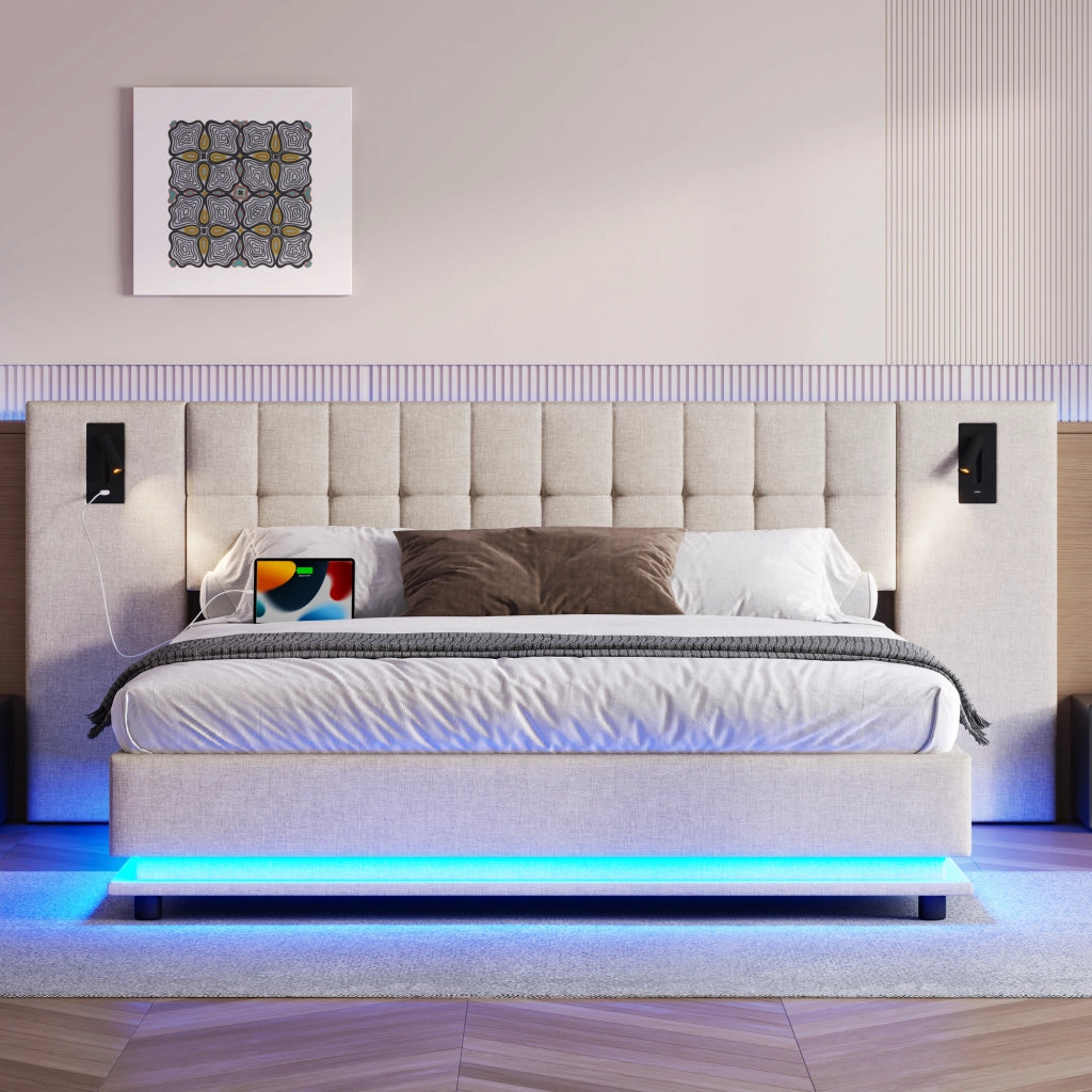 LETTO imbottito 180x200 cm Beige in lino con LED, USB e spot
