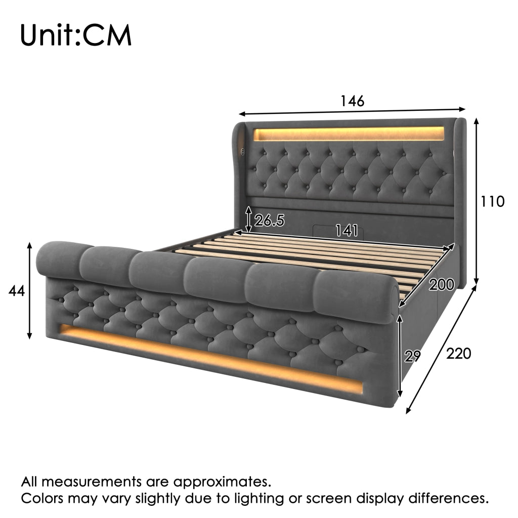 DESMIU Letto contenitore 140 × 200 cm 2 posti con LED, USB e Type C, senza materasso, in velluto, grigio