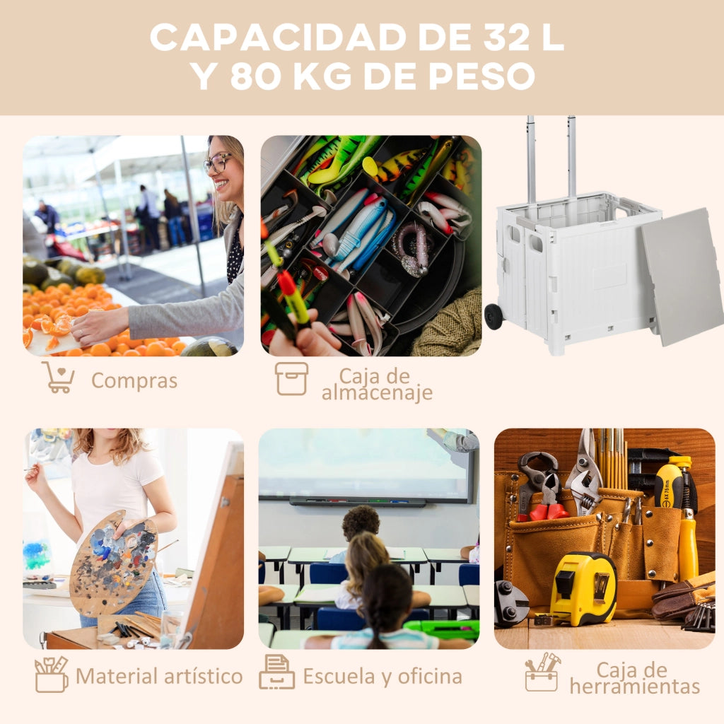 Carrello per Supermercato con 2 Ruote e Manico Regolabile ¨C zephmum ¨C Bianco 41,5x32,5x85 cm