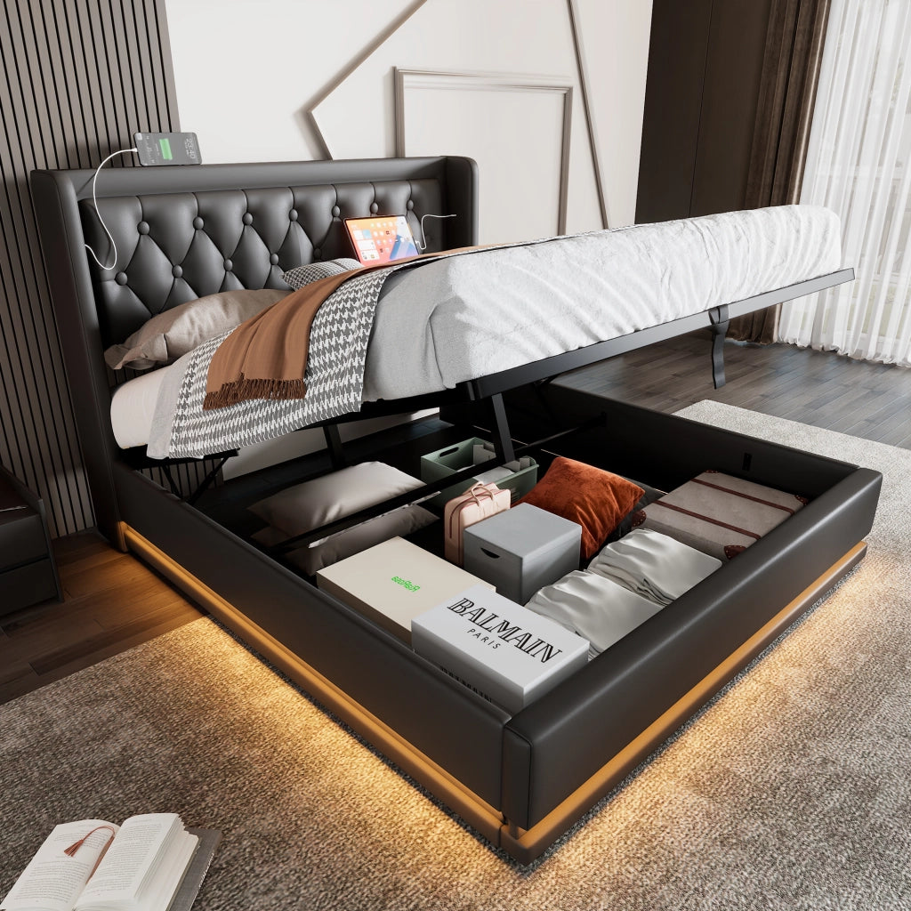 LETTO Contenitore 140x200 cm in PU Nero con USB e LED