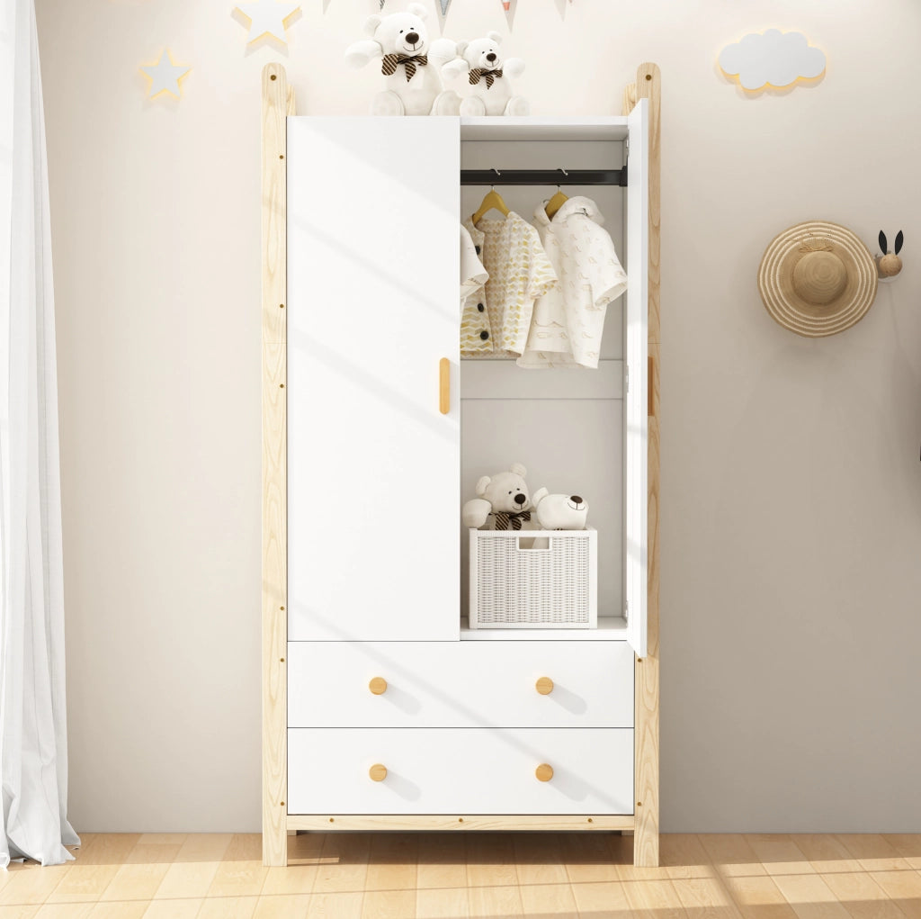 Armadio a 2 ante con barra appendiabiti e 2 cassetti in legno e MDF colore naturale e bianco