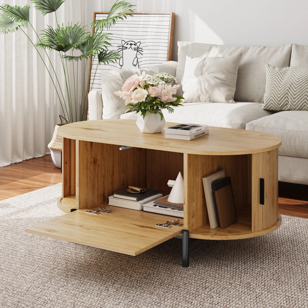Tavolino da caffè ovale in MDF effetto legno naturale con ante in rattan e gambe in metallo nero, con vano contenitore