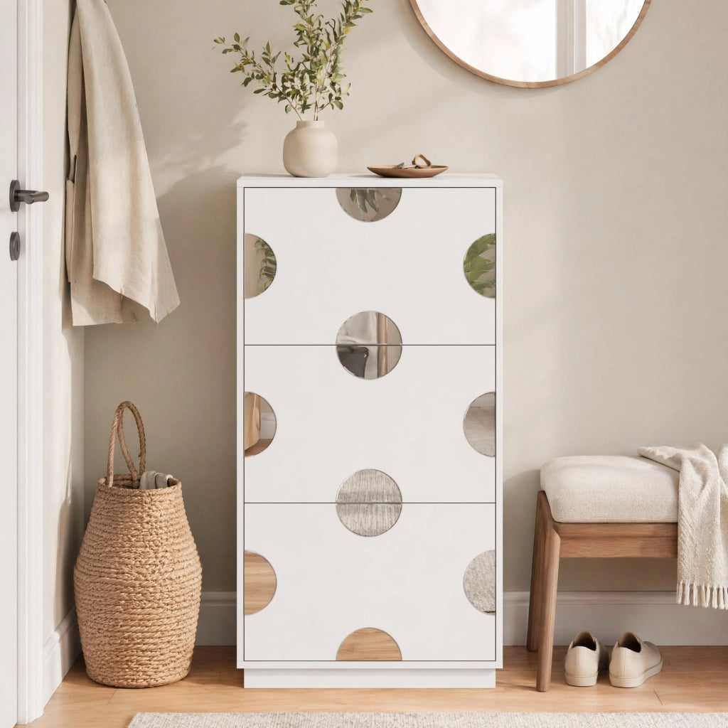 SCARPIERA con specchio rotondo 63x24x120 cm MDF bianco