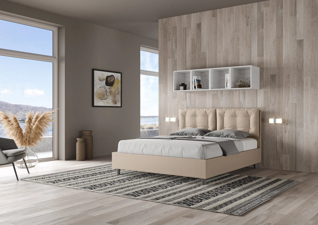 BS COM Letto matrimoniale con rete imbottito 160x210 similpelle tortora