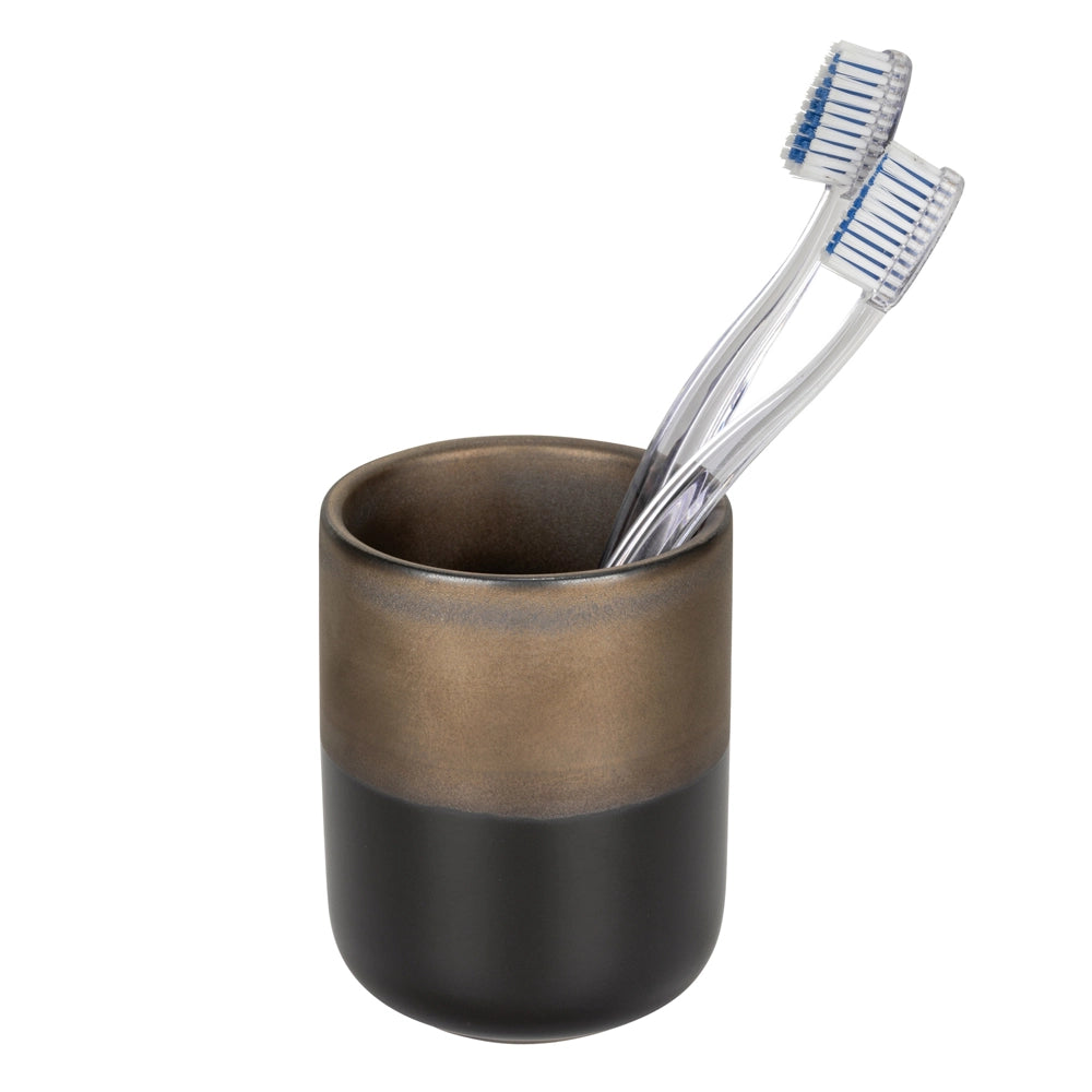Set accessori bagno con dispenser e porta spazzolino nero opaco e bronzo in ceramica Teos