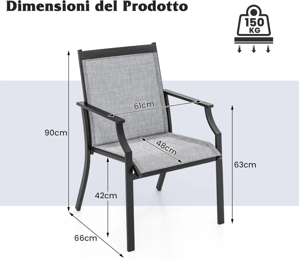 2 Sedie da Pranzo per Patio, Poltrone da Esterno con Seduta Traspirante e Telaio in Metallo, Schienale Ergonomico e Braccioli, Poltrone con Schienale Alto per Portico, Cortile, Prato(Grigio)