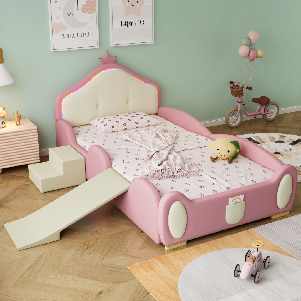LETTO imbottito per bambini 90x200 cm PU rosa e beige con LED, scivolo e scala