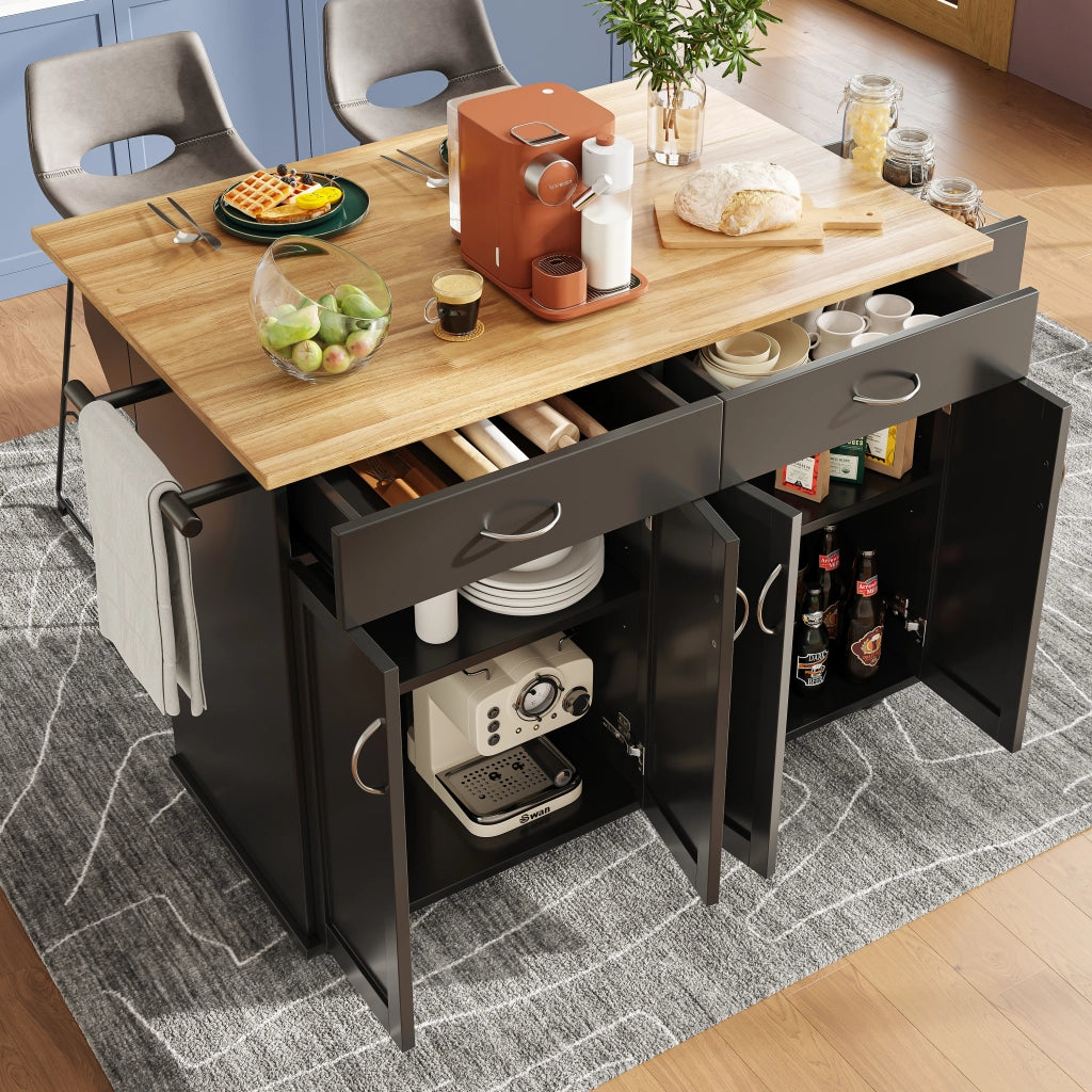 OKWISH Carrello da cucina con 2 cassetti, piano ribaltabile, portaasciugamani e ruote, MDF, 106 x 50 x 90.5 cm, nero