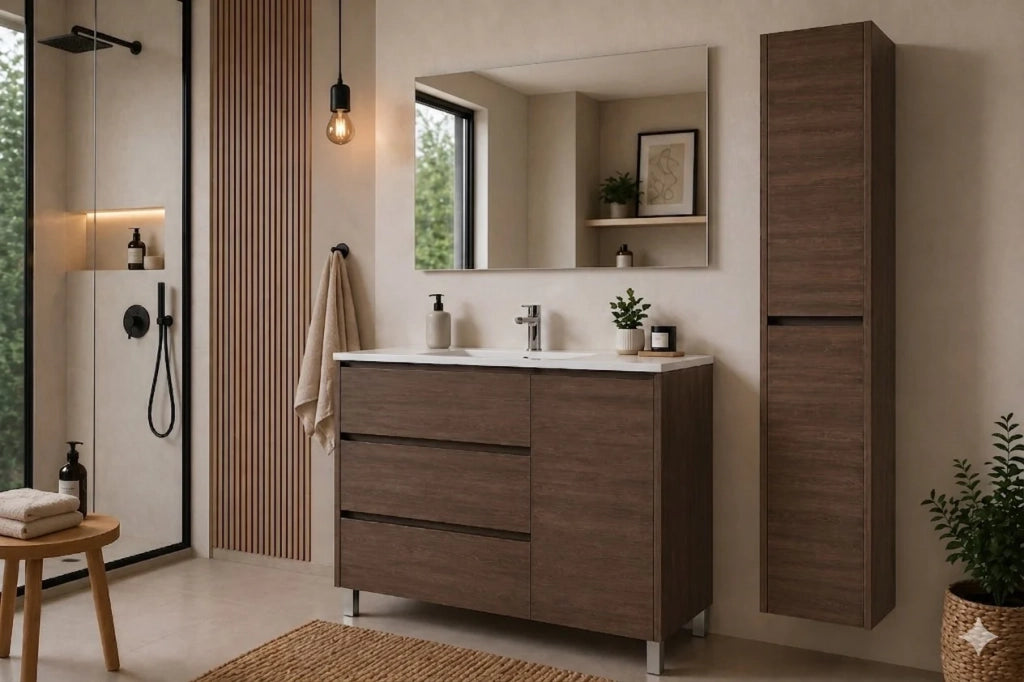 Mobile Bagno VOLUM Già Montato 3 cassetti e porta, lavabo e specchio Frassino tea 80x45 cm con colonna