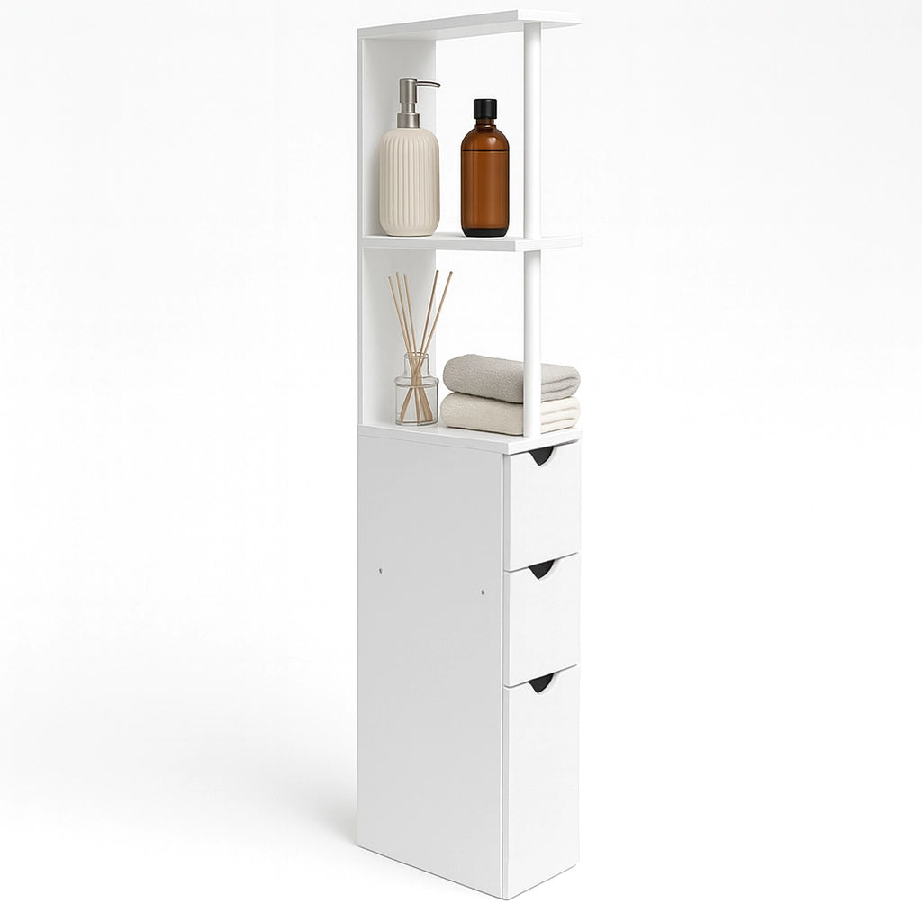 Mobile Colonna Bagno Salvaspazio Legno Mdf Bianco 3 Cassetti 2 Ripiani 136cm