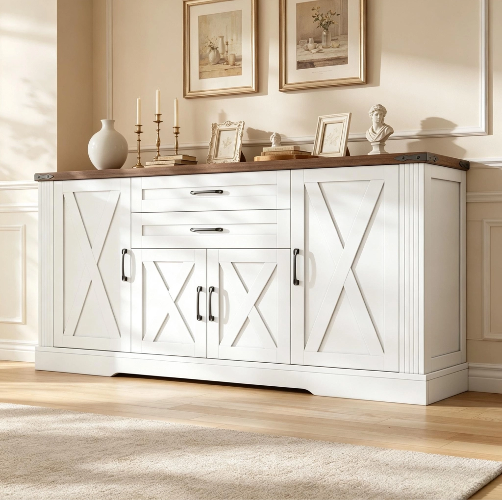 Credenza sideboard 160x39x81;5 cm con 4 ante e 2 cassetti; bianco in MDF e truciolare
