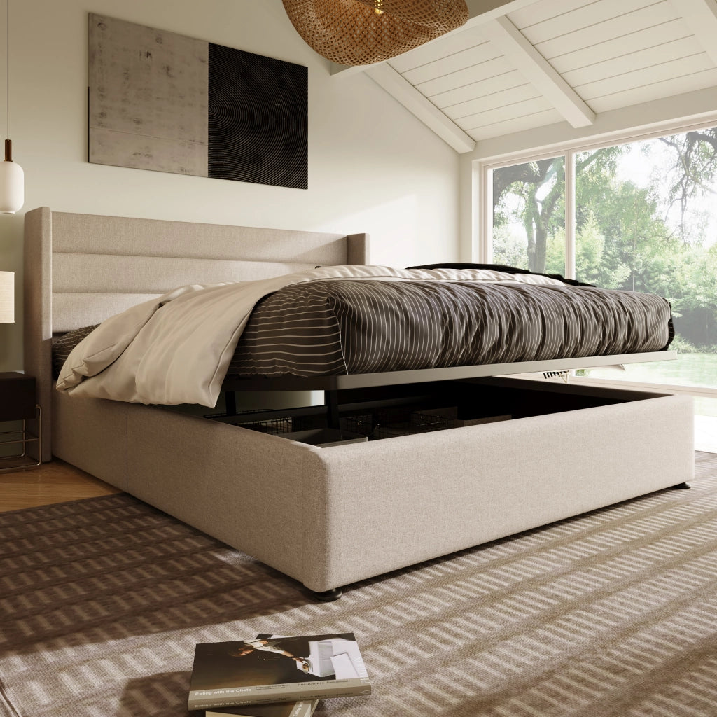 DESMIU Letto Contenitore Letto Matrimoniale con vano idraulico, 180 × 200 cm, senza materasso, lino, beige