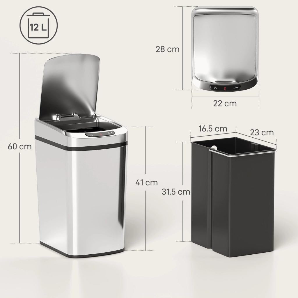 Cestino Rifiuti a Infrarossi 12L ¨C Minimal ¨C Acciaio Inox Argento 28x22x41 cm