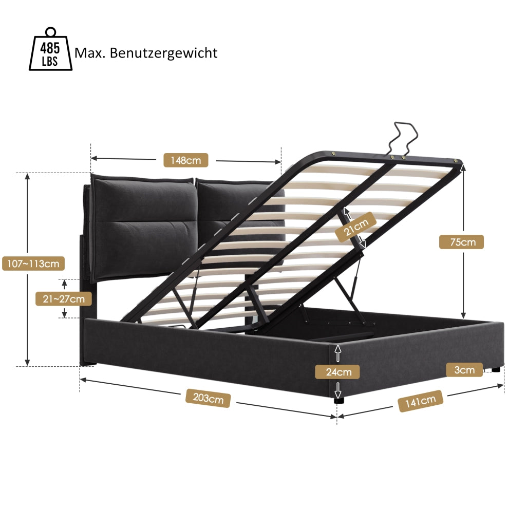 letto imbottito velluto nero 140x200 cm