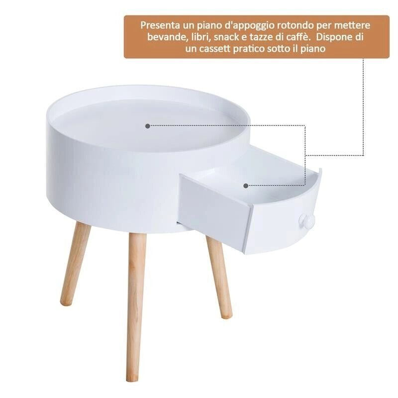 TAVOLINO DA SALOTTO MODERNO CON CASSETTO 38X45CM IN LEGNO BIANCO