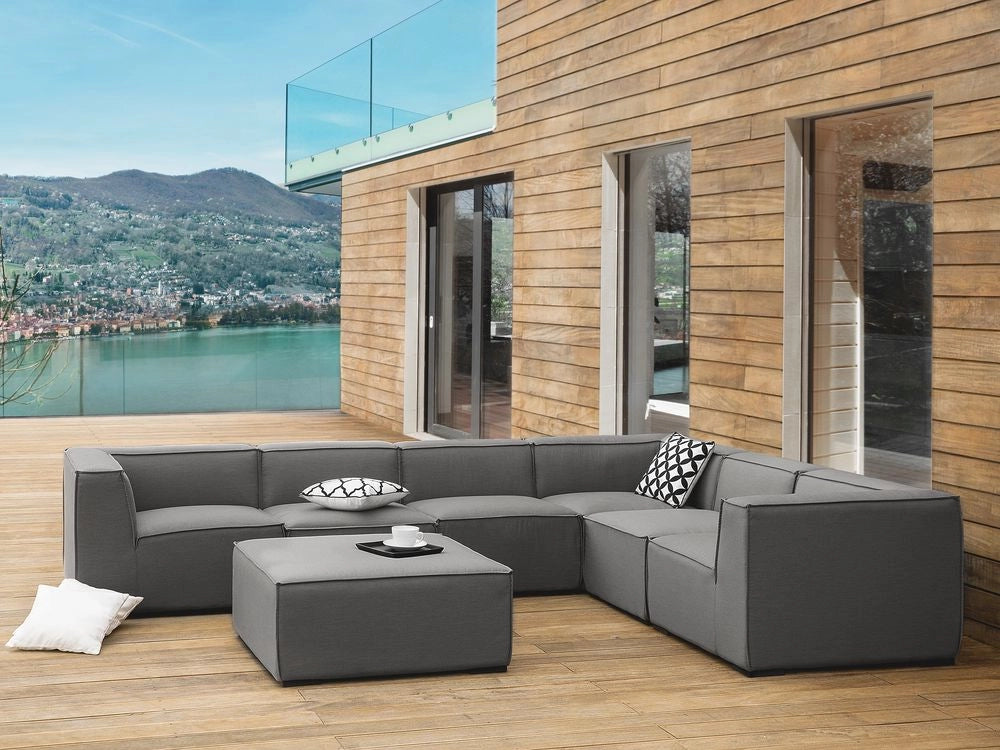 Set divano ad angolo per interni ed esterni con rivestimento in tessuto grigio a 7 posti con divano da giardino ottomana sinistro