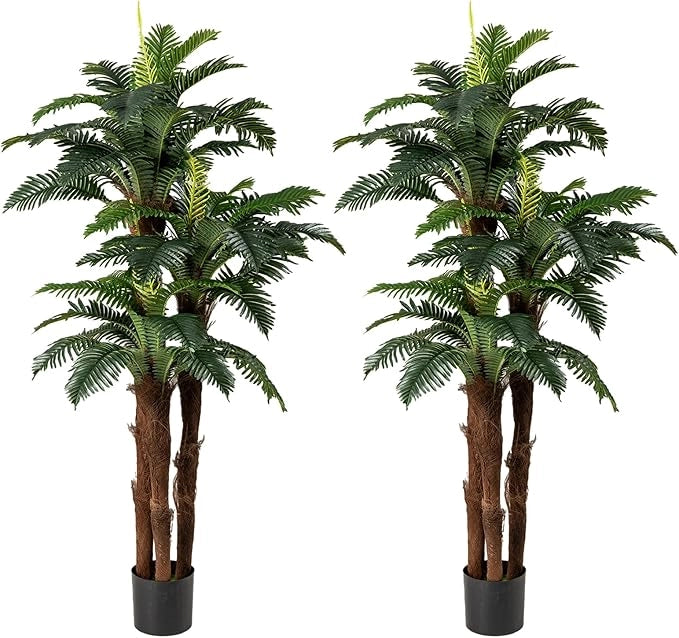 Set di 2 Palme Artificiali, Pianta Tropicale Finta 191 cm con 45 + 3 Foglie Regolabili, 3 Tronchi Realistici e Muschio, Pianta da Interno in Vaso per Decorazione di Casa e Ufficio