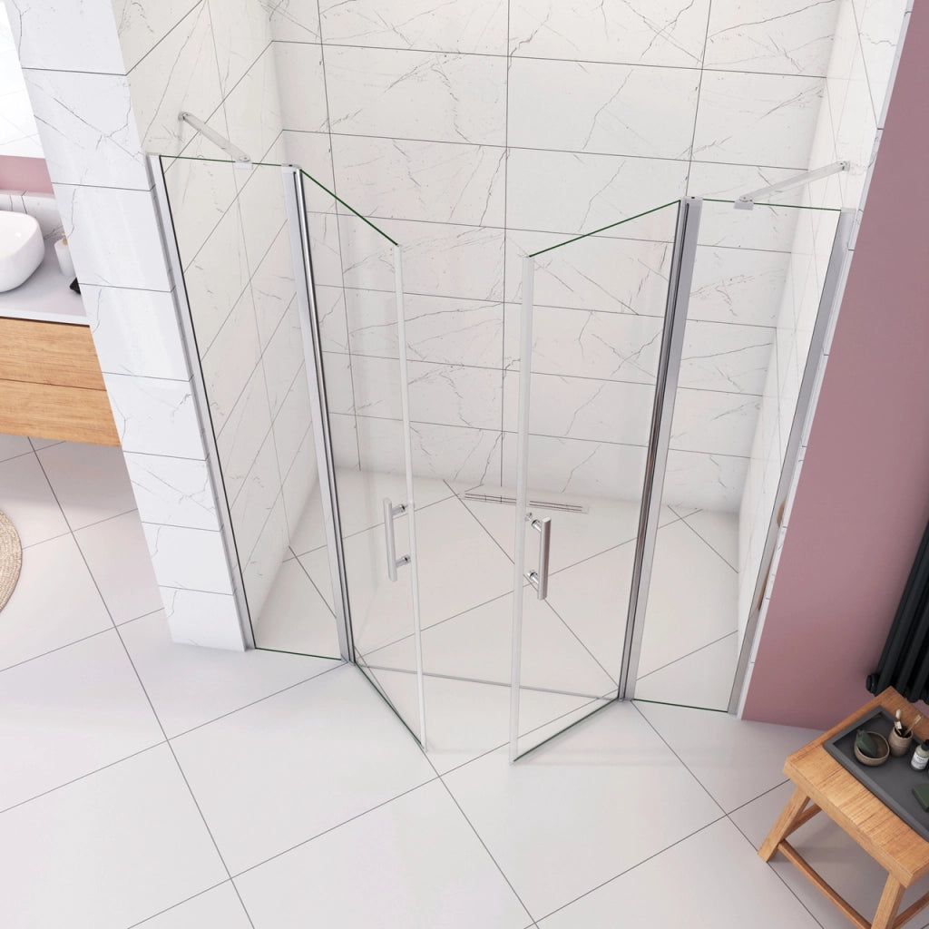 Box Doccia per Nicchia H.195 cm Doppia Porta Battente Saloon da 155 cm (80+80: 1520-1560 mm) 2 Pannelli Fissi con Barra Stabilizzatrice Vetro Temperato 6 mm Anticalcare